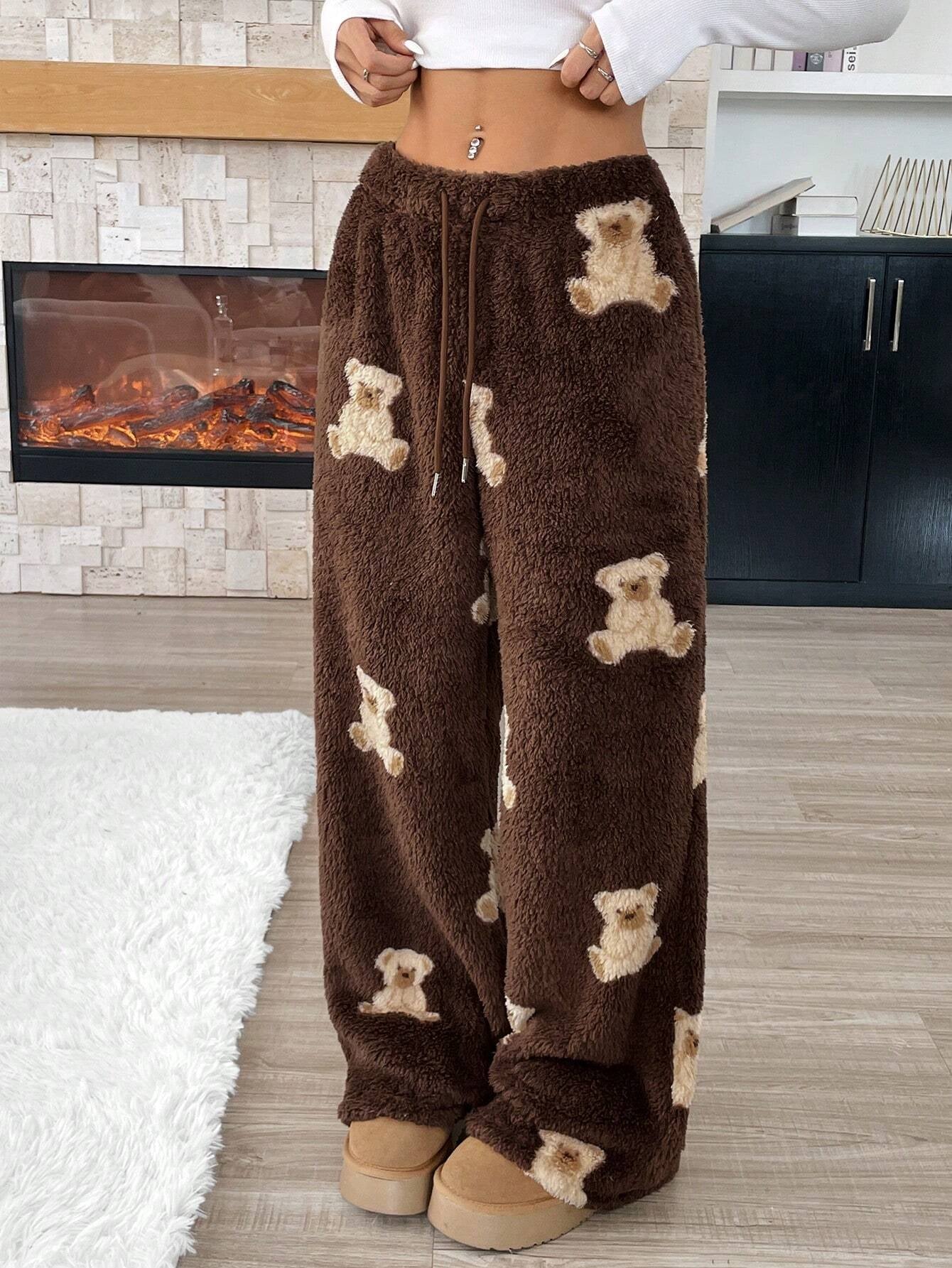 Ezwear Women'S Casual Cartoon Bear Pattern Drawstring Waist Teddy Fleece Long Pants, Autumn/Winter