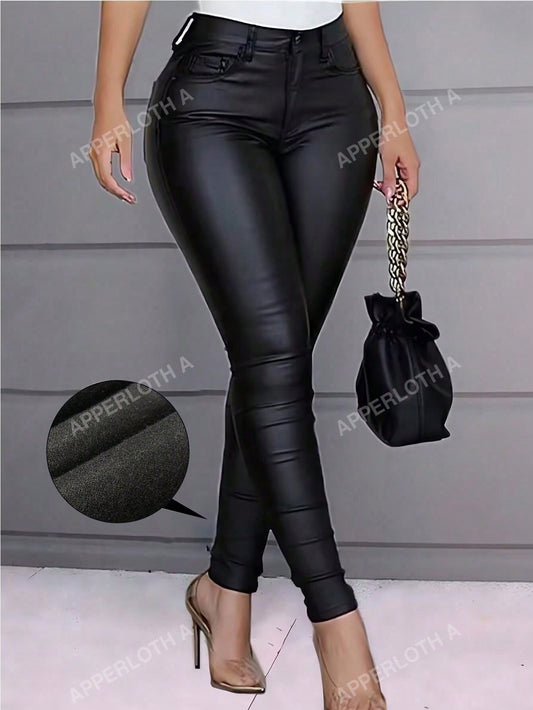 Apperloth a High Waist Thermal Lined PU Leather Skinny Jeans