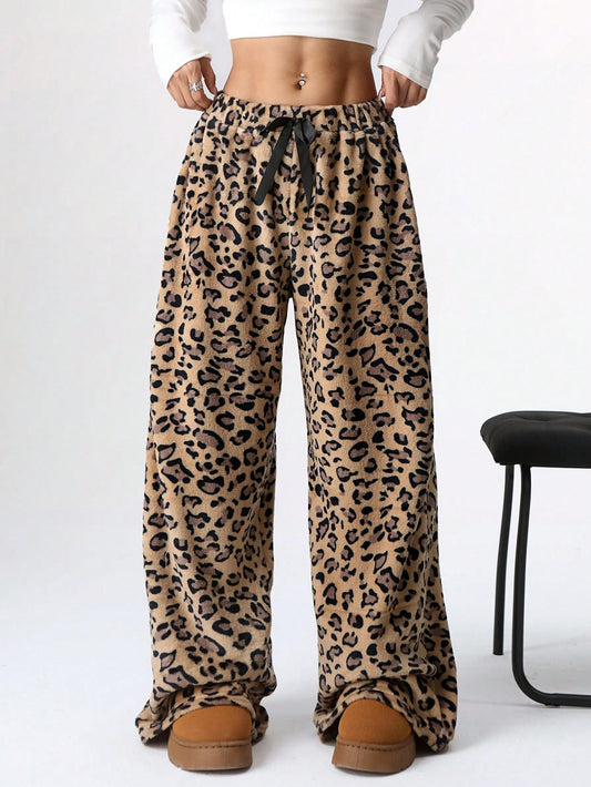 Ezwear Women'S Tie-Waist Fluffy Leopard Print Casual Wide Leg Baggy Pants