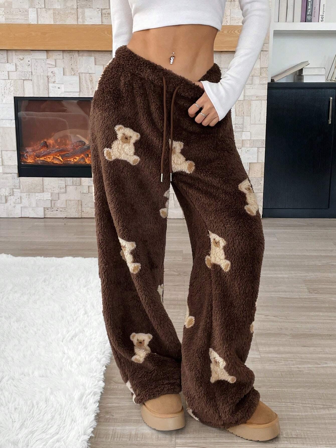 Ezwear Women'S Casual Cartoon Bear Pattern Drawstring Waist Teddy Fleece Long Pants, Autumn/Winter