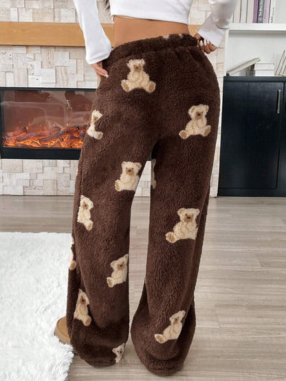 Ezwear Women'S Casual Cartoon Bear Pattern Drawstring Waist Teddy Fleece Long Pants, Autumn/Winter